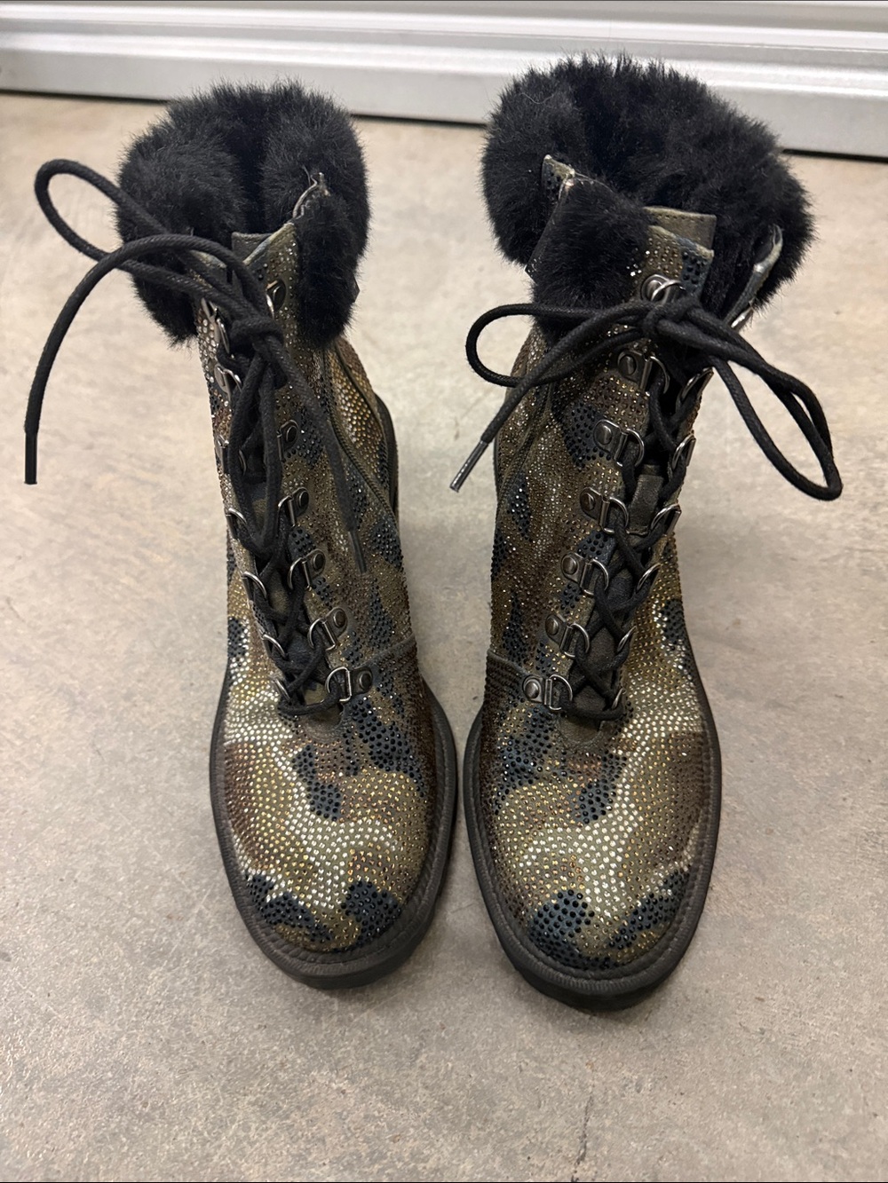 Jessica Simpson Olive and Black Lace-Up Fur Cuff Combat Boots